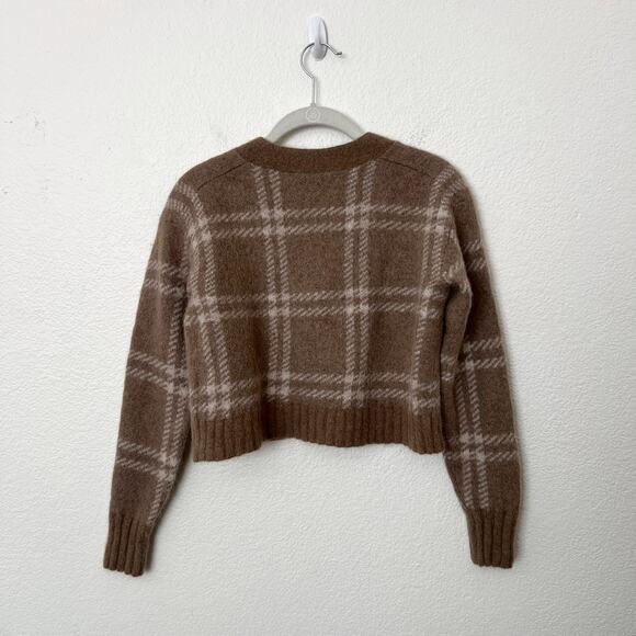 Everlane Size XS Beige Plaid V-Neck Alpaca Wool Blend Cropped Cardigan Sweater - Picture 3 of 12
